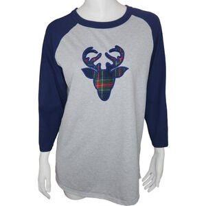 Sport Tek Womens Christmas Plaid Deer Embroidered Baseball Tee Gray Blue Medium